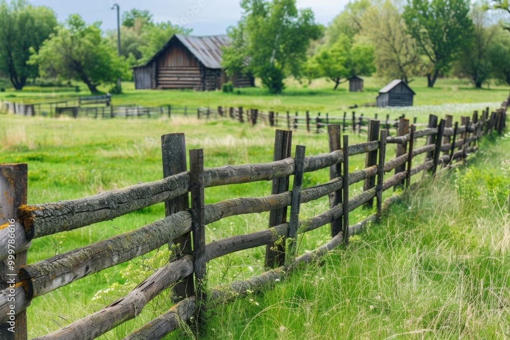 A rustic wooden fence in a green field with a barn in the distance A rustic wooden fence in a green field with a barn in the distance