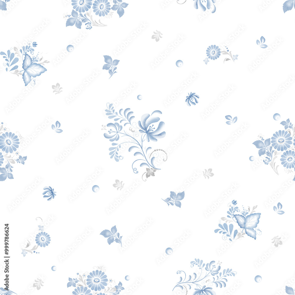 Blue delicate flowers and leaves on a seamless pattern. Stylized pattern in the form of flowers and leaves in Russian style, isolated on the background. Watercolor illustration in digital Blue delicate flowers and leaves on a seamless pattern. Stylized pattern in the form of flowers and leaves in Russian style, isolated on the background. Watercolor illustration in digital