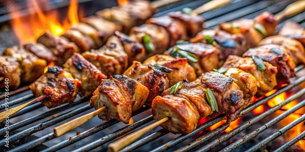 Grilled skewers of spiced meat on charcoal grill Grilled skewers of spiced meat on charcoal grill