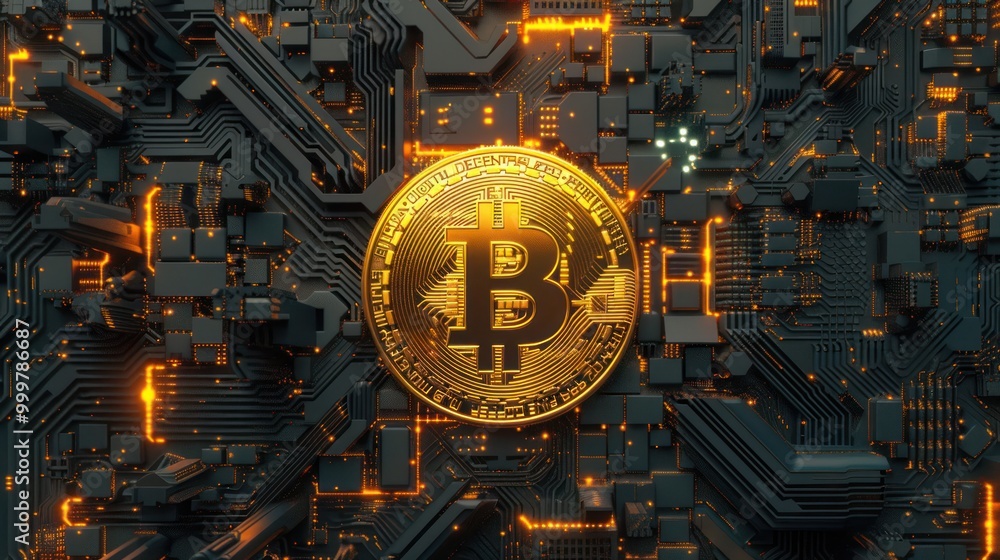 Bitcoin Cryptocurrency on Circuit Board Bitcoin Cryptocurrency on Circuit Board
