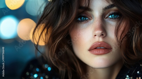 Close-up of an elegant woman with striking blue eyes surrounded by beautiful bokeh lights, creating a captivating and artistic portrait of allure and beauty. photo