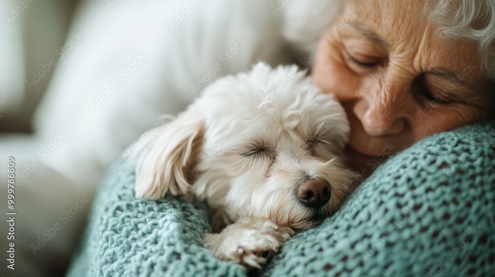 A small white dog peacefully sleeping on an intricately knitted blue blanket, capturing a cozy moment of relaxation and comfort, evoking warmth and contentment. A small white dog peacefully sleeping on an intricately knitted blue blanket, capturing a cozy moment of relaxation and comfort, evoking warmth and contentment.