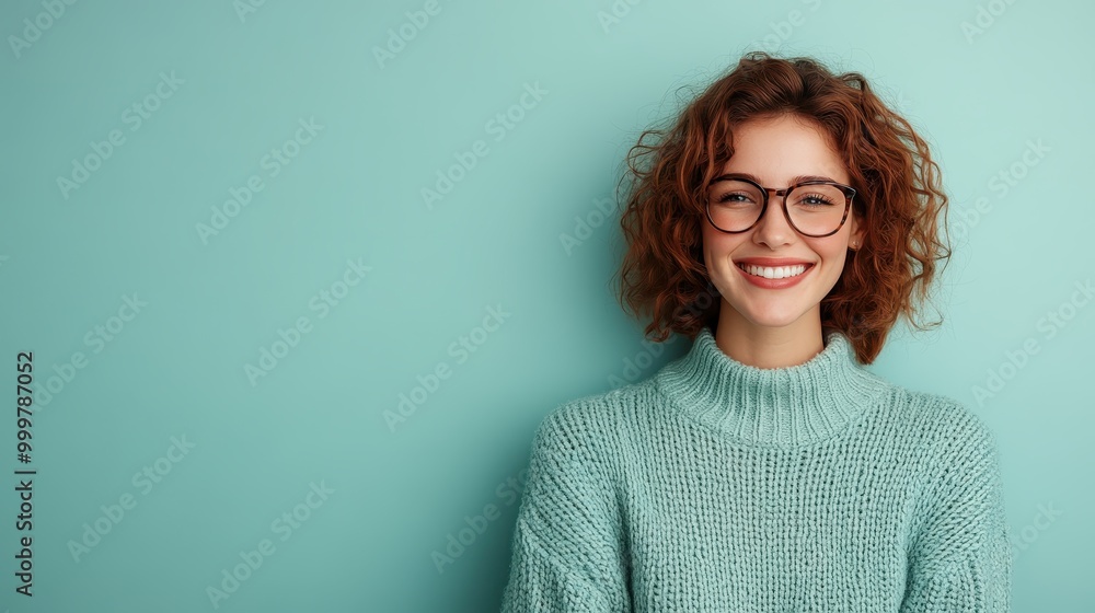 A smiling woman with red hair wears a teal sweater against a matching teal backdrop. Her cheerful demeanor conveys a relaxed and friendly vibe, inviting interaction. A smiling woman with red hair wears a teal sweater against a matching teal backdrop. Her cheerful demeanor conveys a relaxed and friendly vibe, inviting interaction.