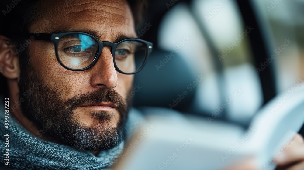A bearded gentleman wearing glasses focuses on reading a book in a car, dressed warmly with a scarf. The image captures a serene and intellectual moment while traveling. A bearded gentleman wearing glasses focuses on reading a book in a car, dressed warmly with a scarf. The image captures a serene and intellectual moment while traveling.