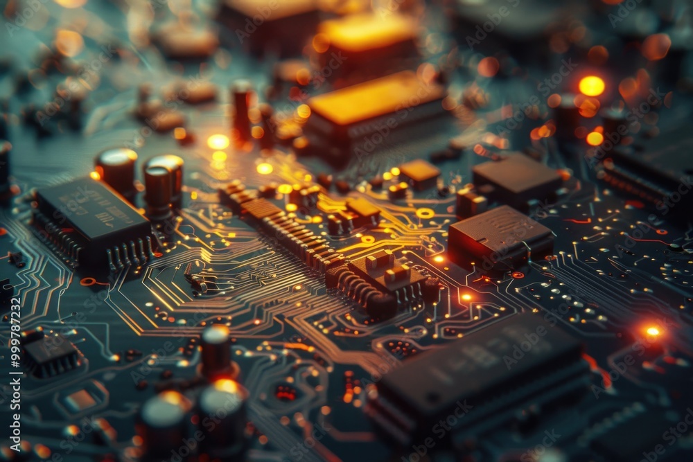 Electronic components on a circuit board, great for tech or engineering illustrations Electronic components on a circuit board, great for tech or engineering illustrations