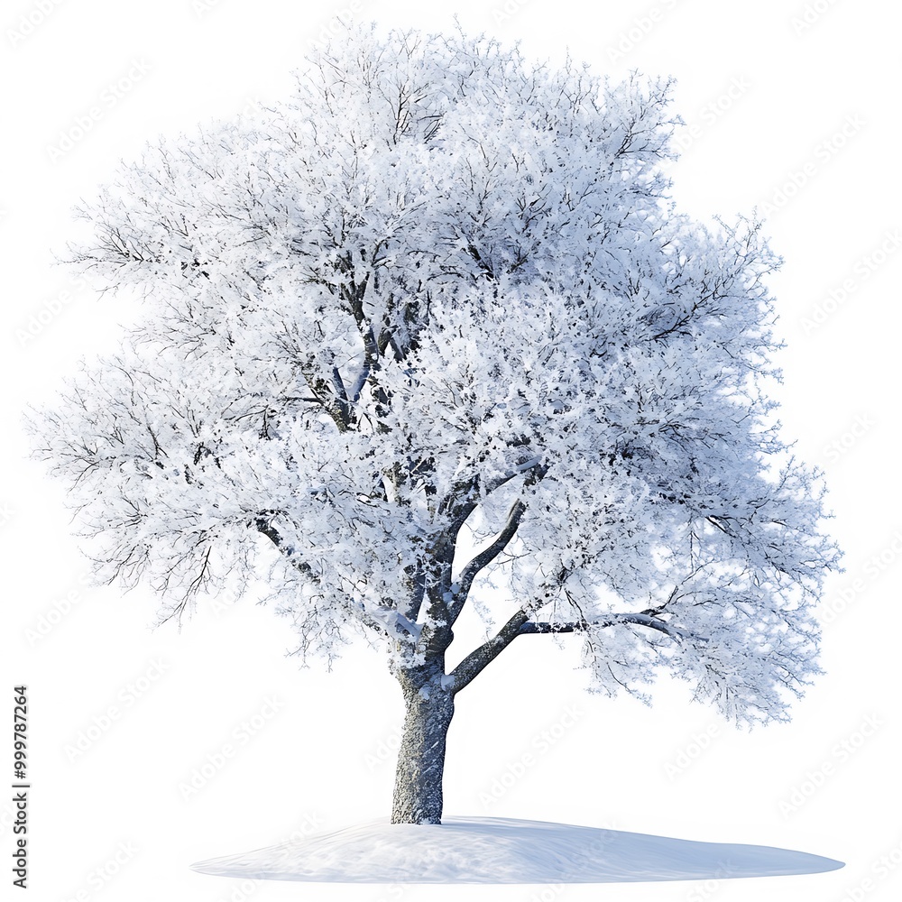 custom made wallpaper toronto digital3D model of a snow-covered tree with bright white texture on plain white background.