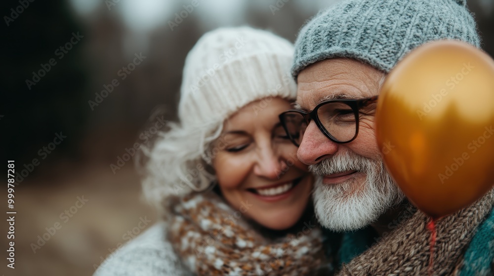 An elderly couple wrapped in winter wear shares a warm embrace, holding a golden balloon. The outpour of affection and nostalgia creates a heartwarming atmosphere. An elderly couple wrapped in winter wear shares a warm embrace, holding a golden balloon. The outpour of affection and nostalgia creates a heartwarming atmosphere.
