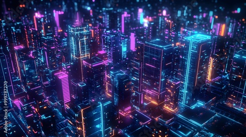Wallpaper Mural Smart city 3D neon glowing cityscape. Intelligent building automation night futuristic business concept. Web online vivid color cyberpunk retrowave. Urban technology banner vector illustration.  Torontodigital.ca
