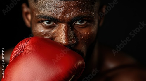 A powerful close-up of a boxer with red gloves, covered in sweat, portrays strength, determination, and the resilience of the human spirit in athletic competition. photo