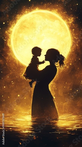 Mother and Child Silhouette Against Glowing Background