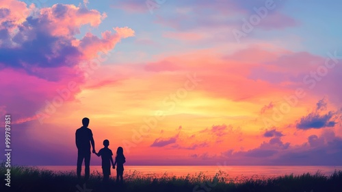 Silhouetted Parents with Kids at Colorful Sunset