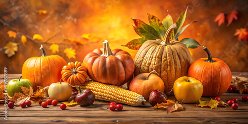 Thanksgiving background. Autumn still life with pumpkins, berries and leaves on wooden background