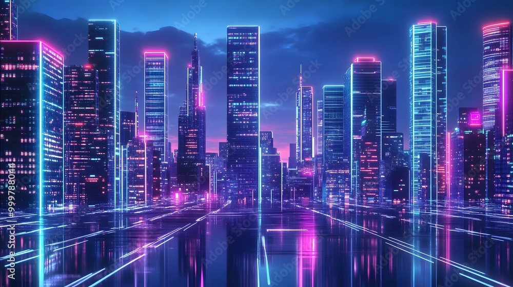 Obraz premium Smart city 3D neon glowing cityscape. Intelligent building automation night futuristic business concept. Web online vivid color cyberpunk retrowave. Urban technology banner vector illustration. 