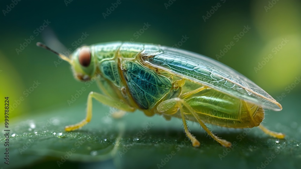 Naklejka premium Close-up of a Vibrant Green Insect Perched on a Leaf in a Lush Forest During Sunlight