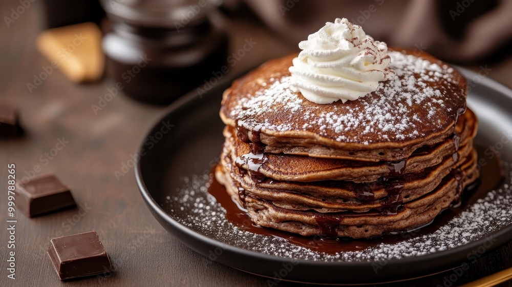 Delicious stack of pancakes generously sprinkled with powdered sugar and drizzled with rich chocolate syrup, crowned with whipped cream topping for a sweet indulgence.