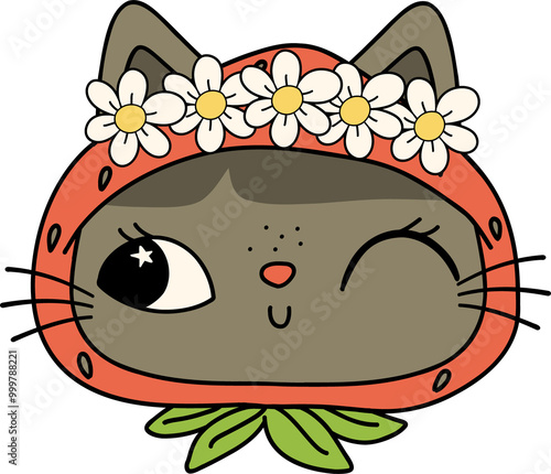 Retro Groovy Strawberry Cat girl face Doodle Character photo