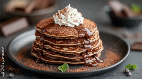 An enticing stack of pancakes drizzled with mouth-watering chocolate and crowned with whipped cream, making for a perfect dessert to satisfy any sweet cravings.