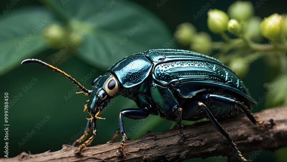 A Striking Metallic Green Beetle Perched on a Twig Amidst Lush Green Foliage in a Tropical Garden Setting A Striking Metallic Green Beetle Perched on a Twig Amidst Lush Green Foliage in a Tropical Garden Setting
