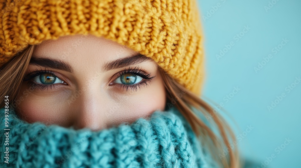 A close-up of vibrant winter accessories, featuring a cozy knit hat in bright yellow and a teal scarf, illustrating a cheerful and colorful take on winter fashion preferences. A close-up of vibrant winter accessories, featuring a cozy knit hat in bright yellow and a teal scarf, illustrating a cheerful and colorful take on winter fashion preferences.