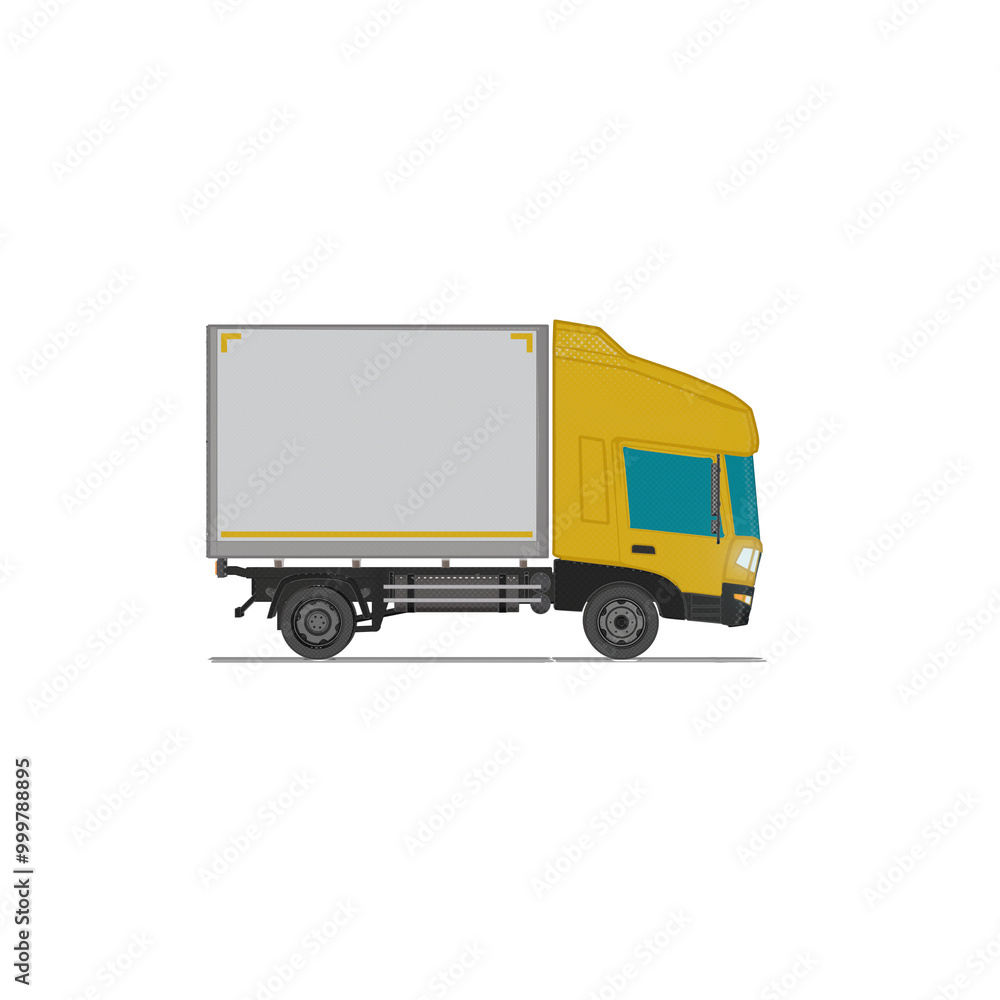 Fototapeta premium 3D Isometric Cargo Truck Half Tone Vector Illustration Modern Yellow Cabine and White Van City Delivery Vehicle 4x2 Design for Logistics and Transport Presentation Social Media Video Promo Right