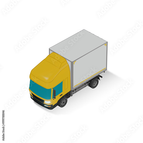 3D Isometric Cargo Truck Half Tone Vector Illustration Modern Yellow Cabine and White Van City Delivery Vehicle 4x2 Design for Logistics and Transport Presentation Social Media Video Promo Front Left photo