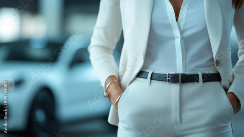 Professional business person stands with their hands in the pockets of a well-tailored white suit, demonstrating confidence and a crisp fashion sense in a modern setting.