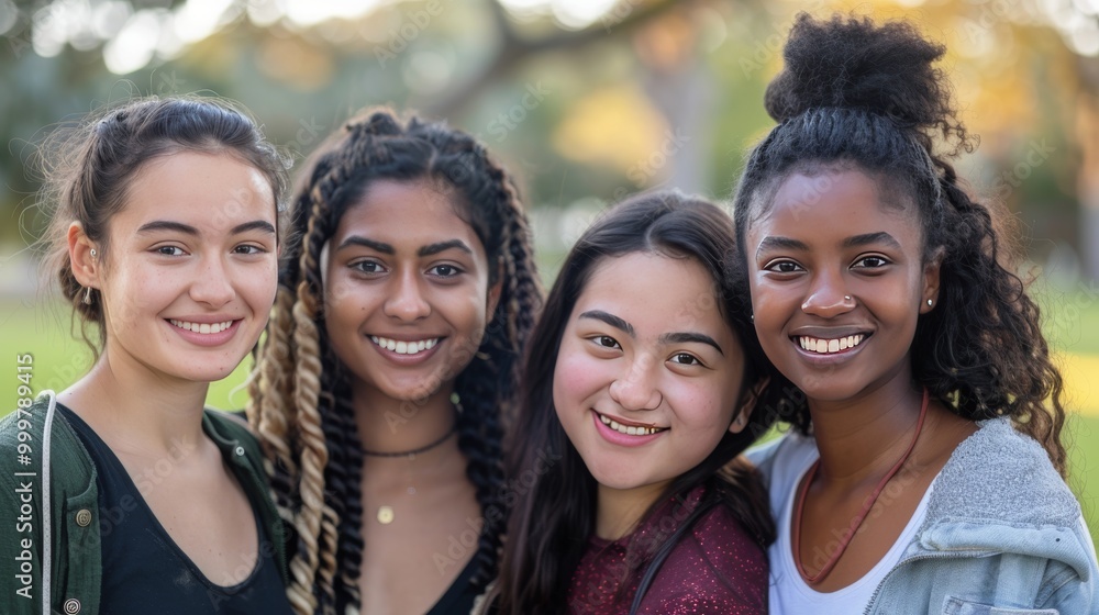 Friendly young women of various ethnicities, standing closely together and smiling Friendly young women of various ethnicities, standing closely together and smiling