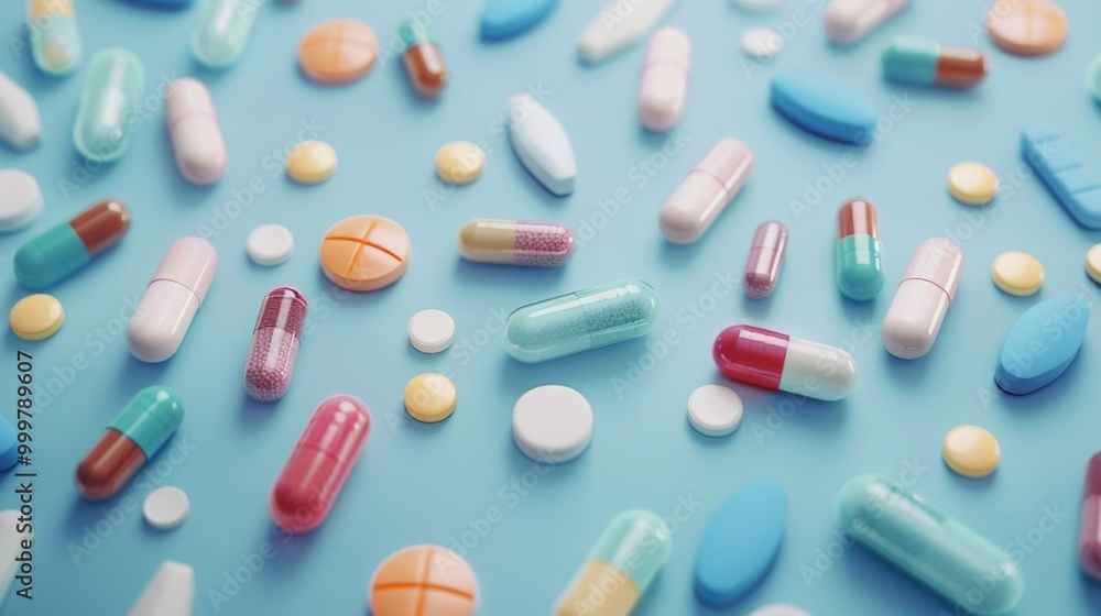 Pharmaceutical products displayed on a blue surface Pharmaceutical products displayed on a blue surface