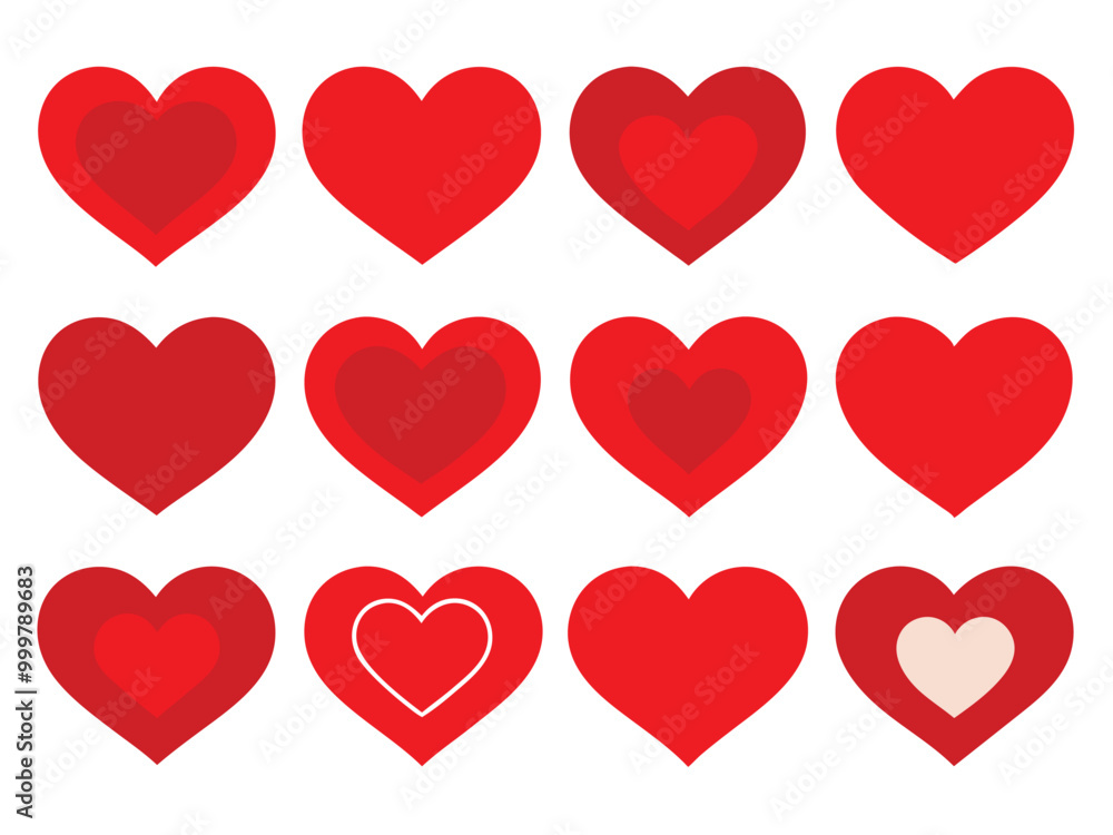 Set of Red Heart Flat Cartoon Icons. Romantic Abstract Symbols in Various Shapes for Valentine's Day. Set of Red Heart Flat Cartoon Icons. Romantic Abstract Symbols in Various Shapes for Valentine's Day.