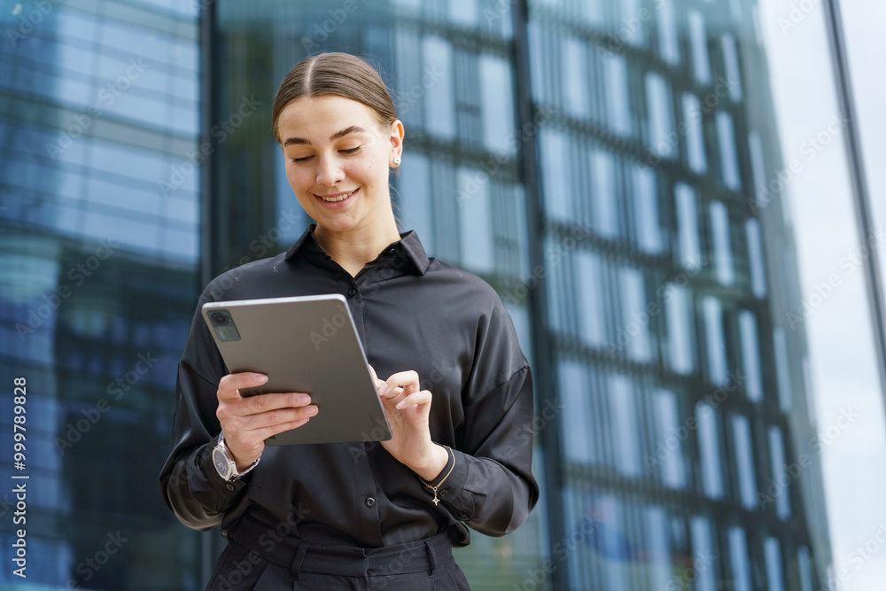 Young Professional Woman Using a Tablet Outside a Modern Office Building During the Daytime Young Professional Woman Using a Tablet Outside a Modern Office Building During the Daytime