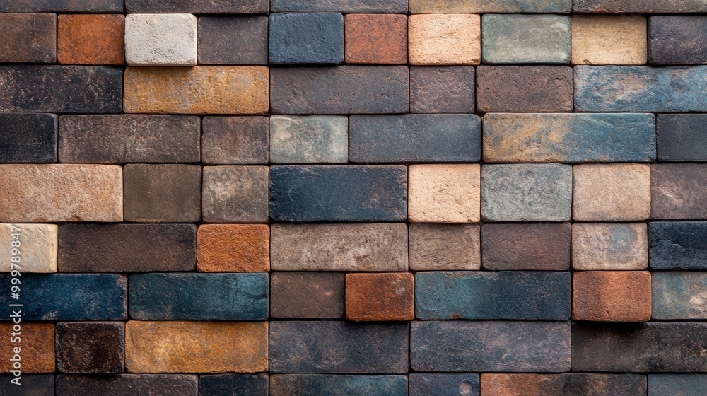 A close-up of a wall covered in various shades of brown and gray rectangular tiles.