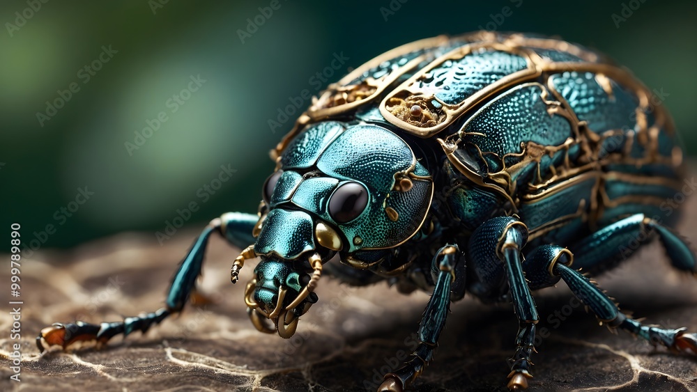 Close-up of a Striking Metallic Green Beetle Resting on a Textured Surface Surrounded by Blurred Greenery