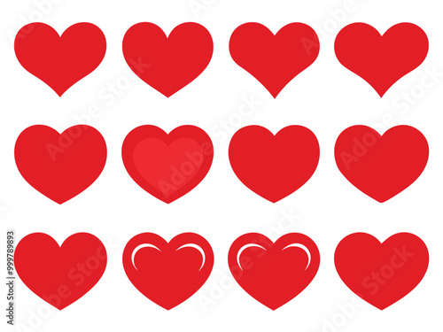 Set of Red Heart Flat Cartoon Icons. Romantic Abstract Symbols in Various Shapes for Valentine's Day.