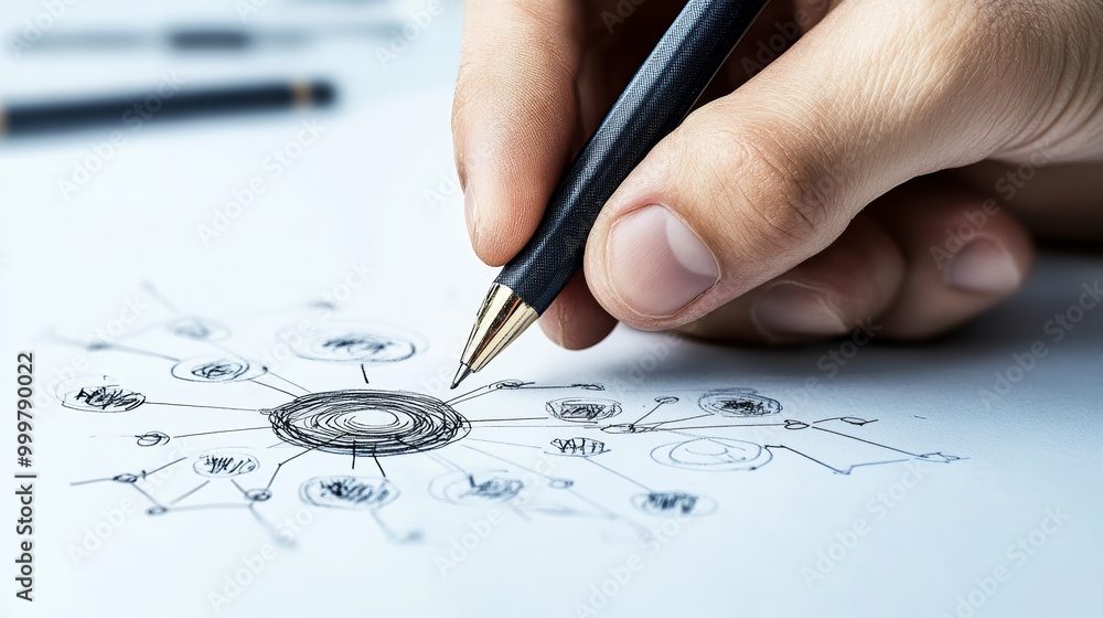A hand draws a mind map on paper with a pen, representing brainstorming, planning, and connecting ideas. A hand draws a mind map on paper with a pen, representing brainstorming, planning, and connecting ideas.