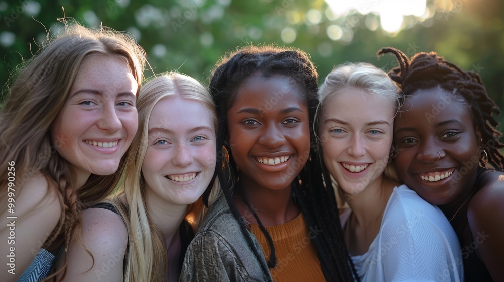 Obraz premium Group of smiling young women from different ethnicities, standing closely together