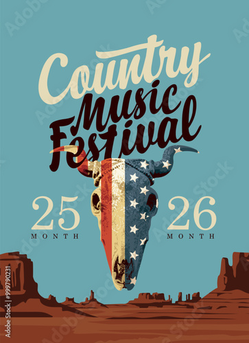 Poster for country music festival with skull of bull with flag USA and an inscription on background of Wild west landscape for a cowboy club restaurant. Vector banner with hot American prairies