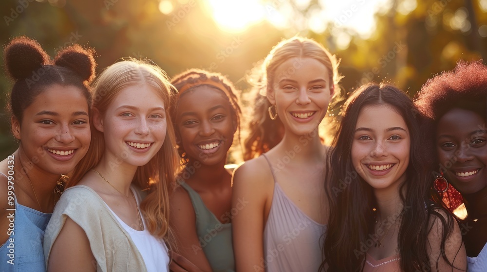 Group of smiling young women of various ethnicities, standing closely together Group of smiling young women of various ethnicities, standing closely together