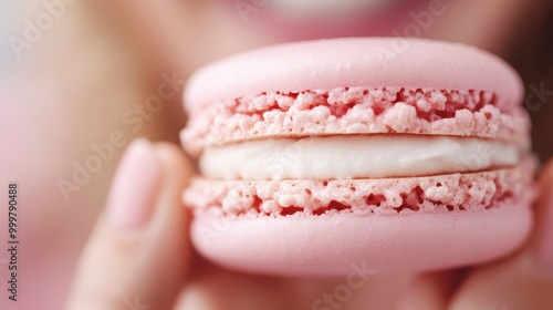 A close-up shot showcases a pink macaron with a creamy vanilla filling, highlighting the delicate texture and delectable appearance of this popular French pastry. photo