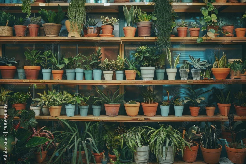 A shelf filled with many potted plants A shelf filled with many potted plants