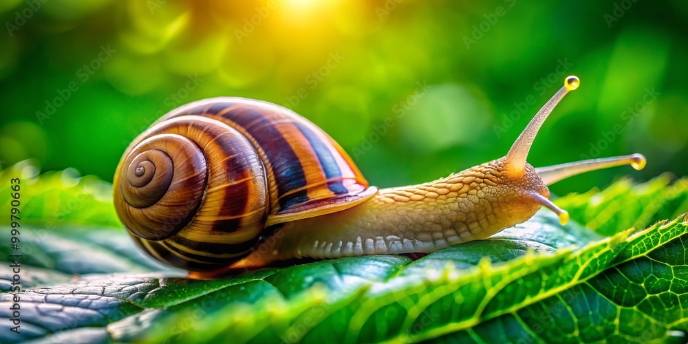 In a serene garden, a snail glides along a lush green leaf, its soft movements captured against a In a serene garden, a snail glides along a lush green leaf, its soft movements captured against a