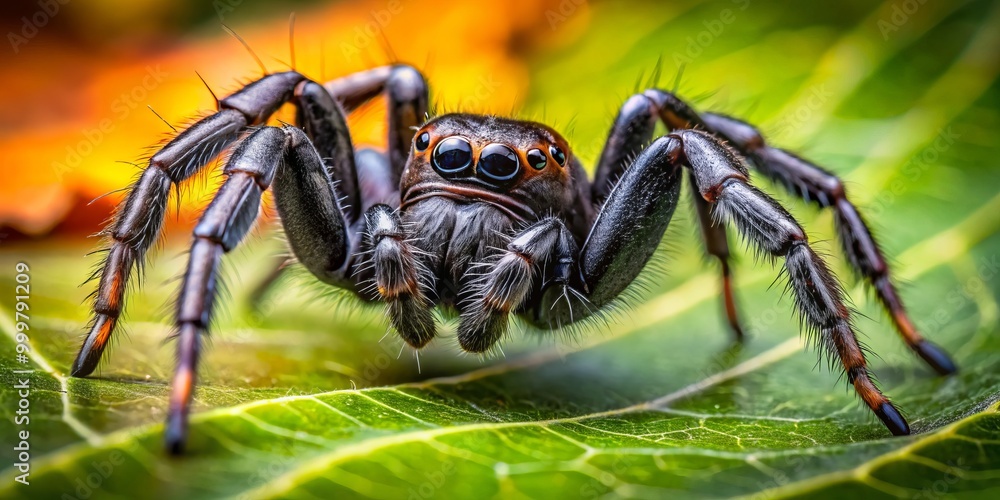 In a vibrant natural setting, a close-up reveals an all-black spider delicately perched on a leaf, showcasing its In a vibrant natural setting, a close-up reveals an all-black spider delicately perched on a leaf, showcasing its
