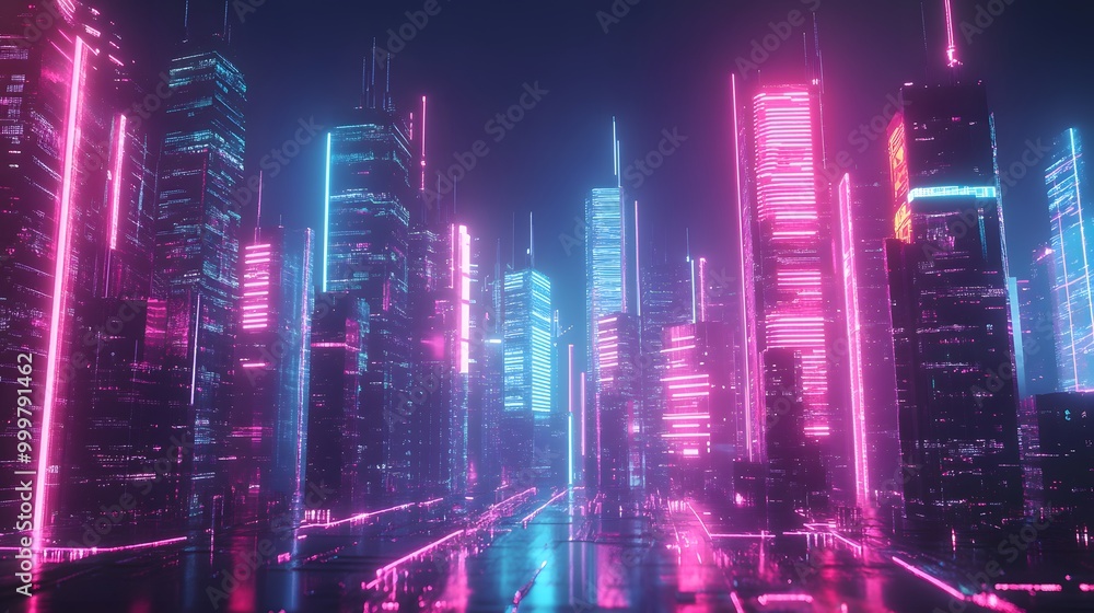 Smart city 3D neon glowing cityscape. Intelligent building automation night futuristic business concept. Web online vivid color cyberpunk retrowave. Urban technology banner vector illustration. Smart city 3D neon glowing cityscape. Intelligent building automation night futuristic business concept. Web online vivid color cyberpunk retrowave. Urban technology banner vector illustration.