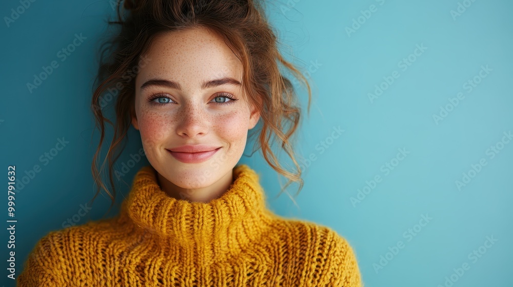 A smiling woman wears a yellow knitted jumper, her cheerful expression and freckles highlighted by the calm blue backdrop, embodying a sense of joy and warmth. A smiling woman wears a yellow knitted jumper, her cheerful expression and freckles highlighted by the calm blue backdrop, embodying a sense of joy and warmth.