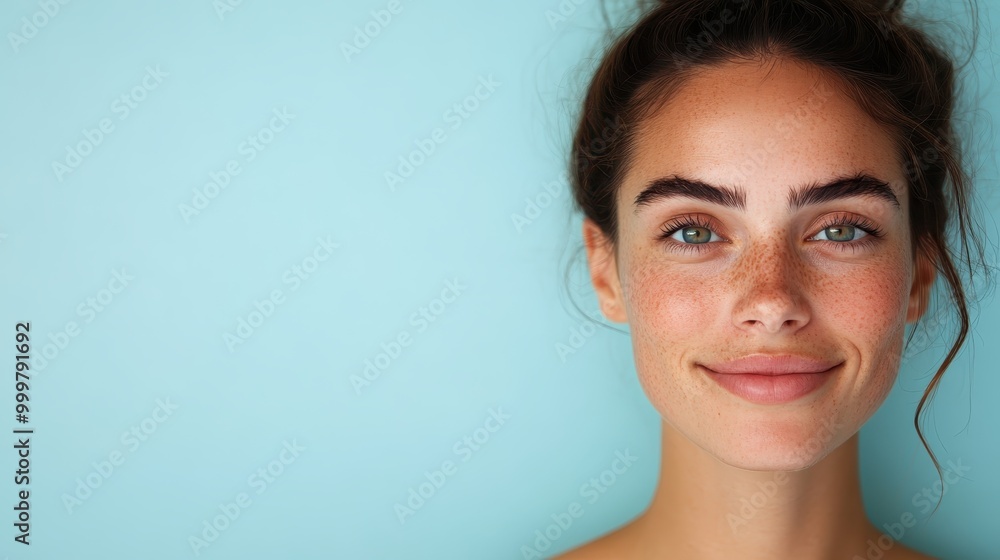 A young woman with vibrant freckles smiles warmly, standing against a calming blue background, exuding a sense of happiness and natural beauty. A young woman with vibrant freckles smiles warmly, standing against a calming blue background, exuding a sense of happiness and natural beauty.