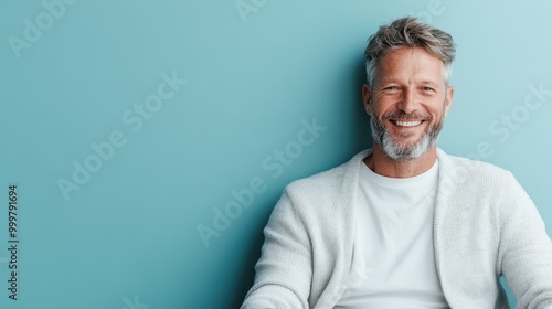 A happy man with a friendly smile wears a white knit jacket, relaxing against a blue wall, radiating calmness and warmth, embodying modern casual style.