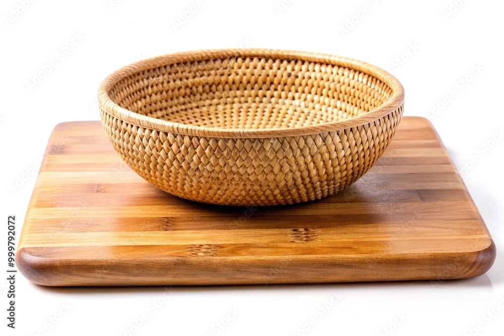 Handcrafted rattan bowl on wooden cutting board isolated on white Handcrafted rattan bowl on wooden cutting board isolated on white