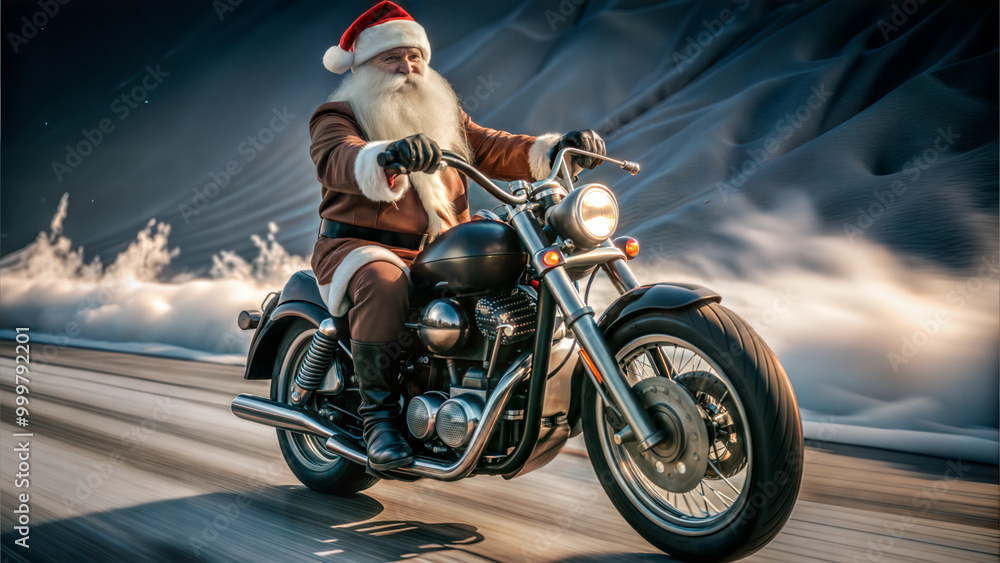 Fototapeta premium Santa Claus Riding a Motorcycle Through Winter Landscape, Christmas Adventure Concept