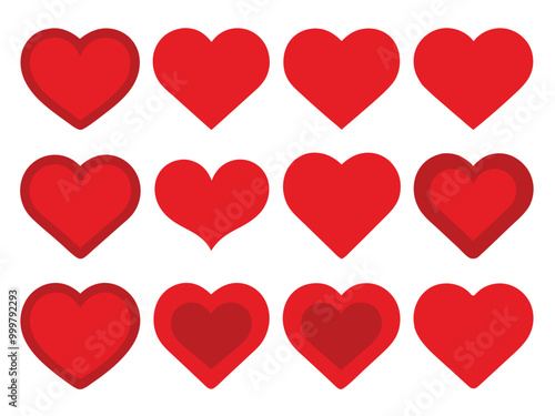 Set of Red Heart Flat Cartoon Icons. Romantic Abstract Symbols in Various Shapes for Valentine's Day.