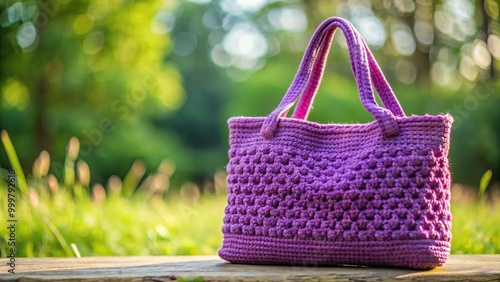 Handmade crochet purple bag on green background photo