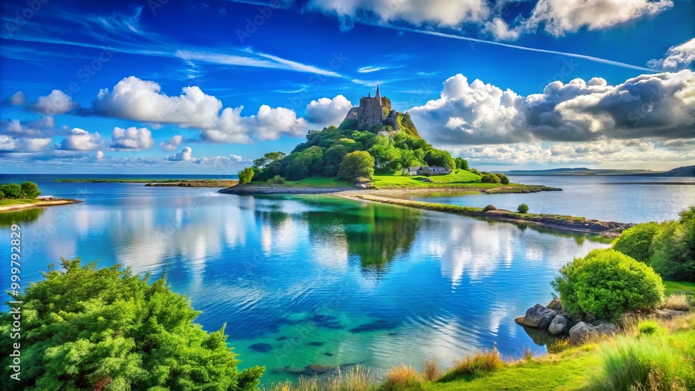 Lush green islands emerge from calm waters, bathed in sunlight under a clear blue sky, crafting a peaceful Lush green islands emerge from calm waters, bathed in sunlight under a clear blue sky, crafting a peaceful